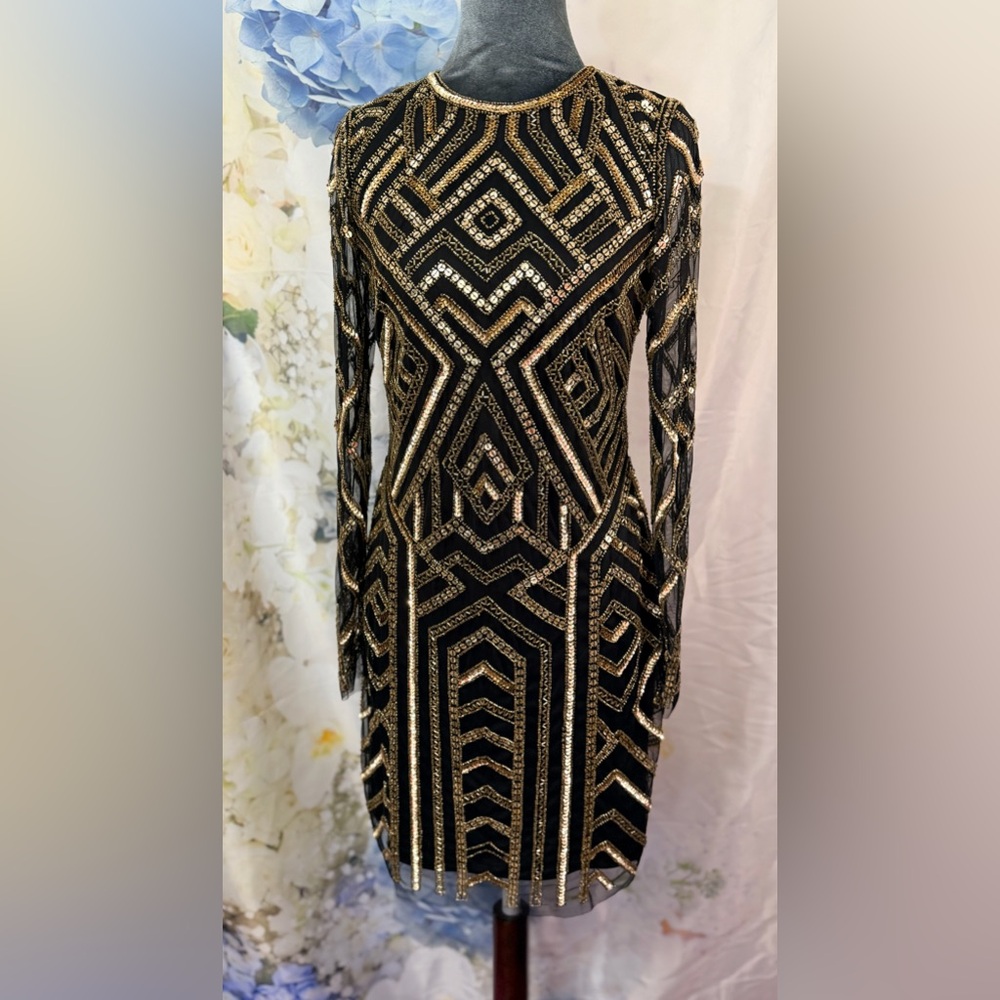 Gianni Bini Black and Gold Sequin Geometric Long Sleeve Mini Cocktail Dress lux